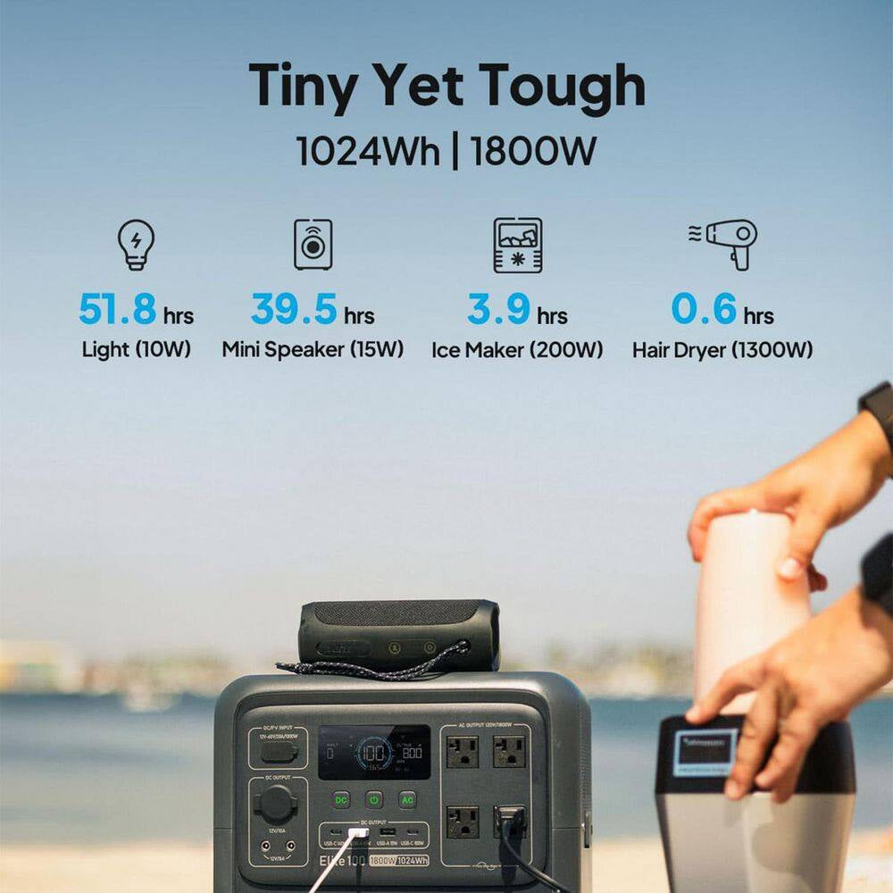 1800W Continuous/3600W Peak Output 1024Wh Portable Power Station, Push Button Start Battery Solar Generator for Outdoors